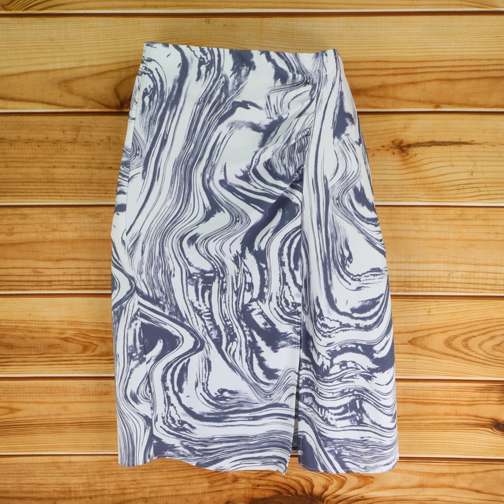 A New Day Midi‎ Skirt Womens Size M Gray White Marbled Stretch Waist Slit Ruched